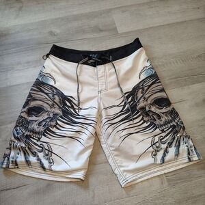 Vtg Affliction Mens Skull Graphic Board Shorts White Black Swim Trunks Size 34